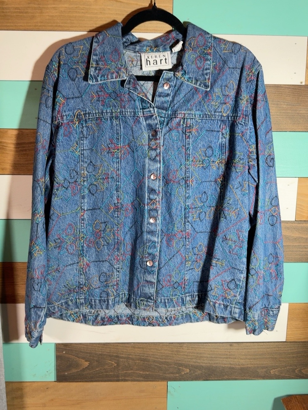 Vintage 90s Keren Hart Women’s M Embroidered Denim Jacket Art to Wear